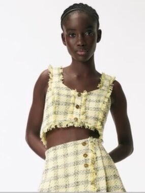 ZARA Yellow Plaid Chanel Tweed Two Piece Matching Coord Set Crop Top L Skirt M